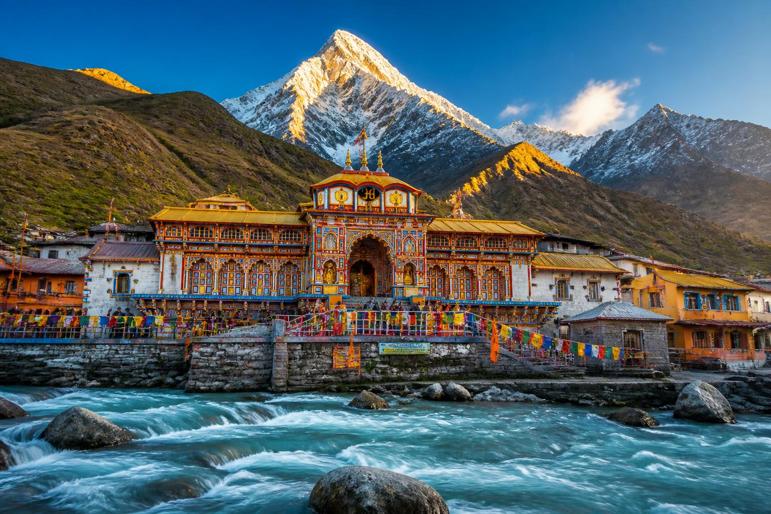 Badrinath temple with Neelkanth peak and Alaknanda river