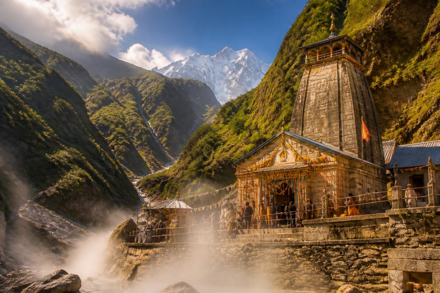 Yamunotri temple in the Himalayan valley with hot springs
